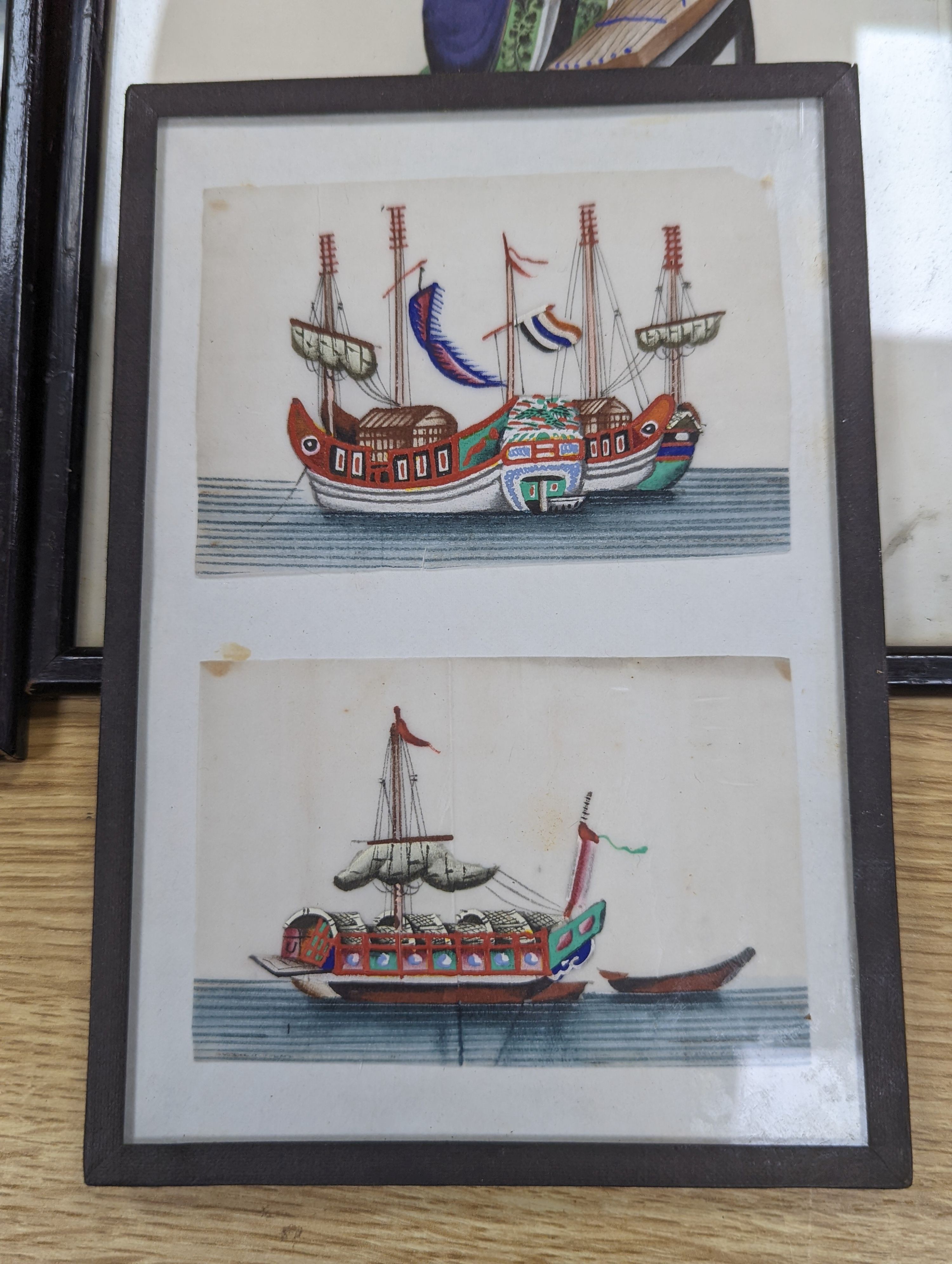 Eight assorted Chinese gouache on pith paper, Studies of figures and junks, largest 27 x 17cm